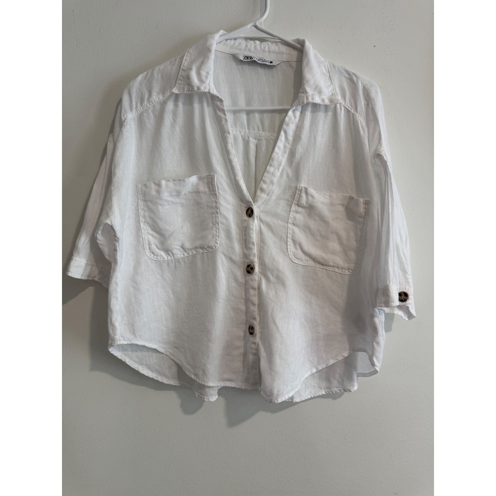 Zara 100% Linen Button Down Shirt Womens Small White Cropped Boxy Pocket Top